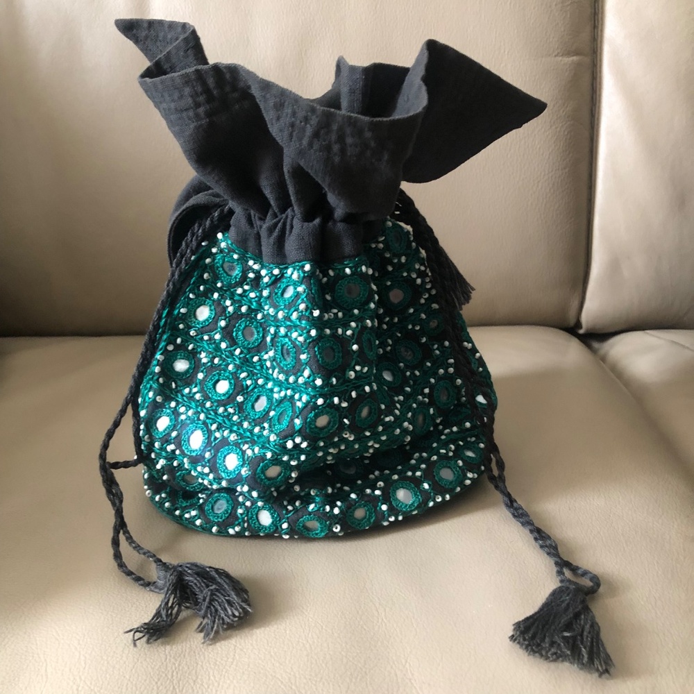 Embellished Teal Drawstring Wristlet Clutch